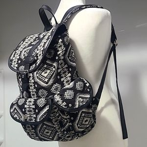 MUDD Backpack Faux leather Trim Black White Textile Material Aztec tribal